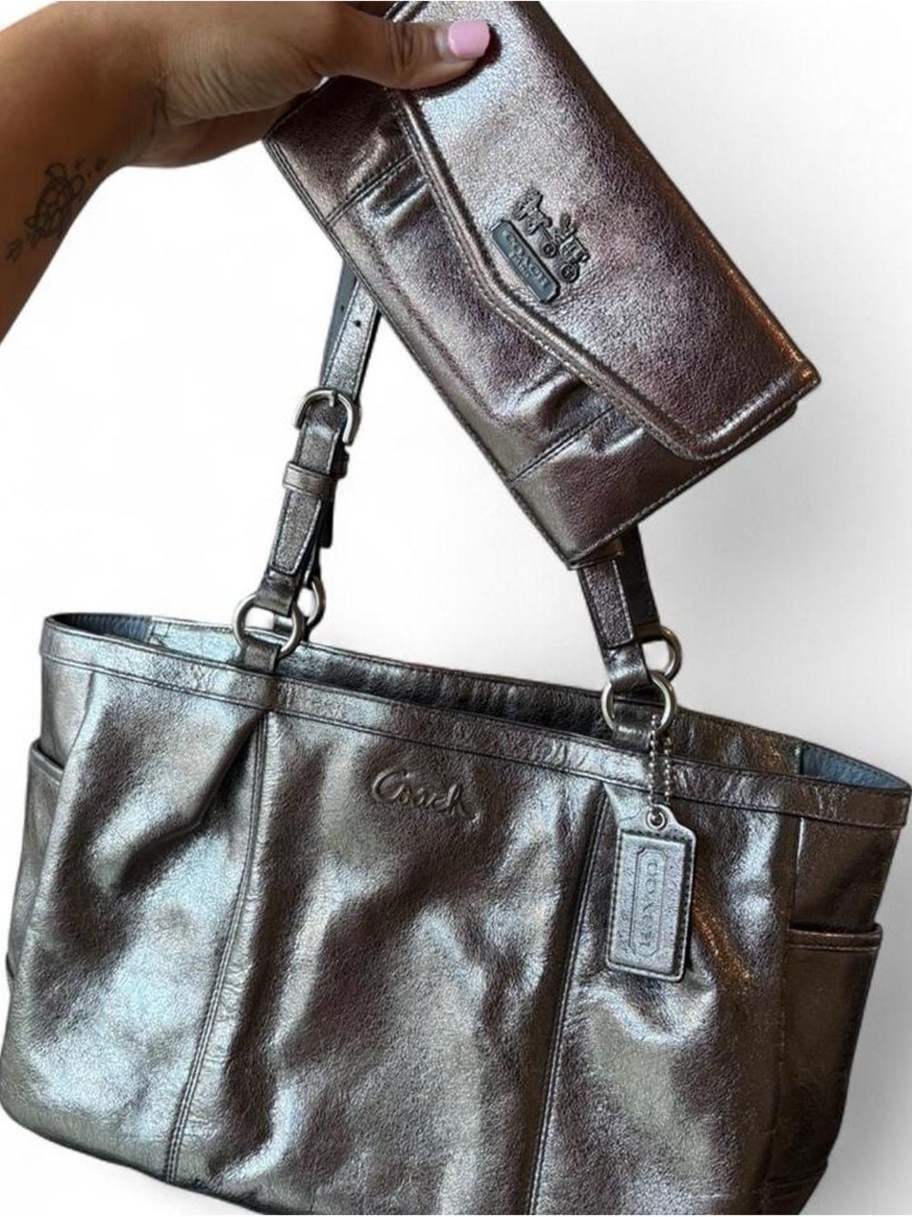 Coach Metallic Pewter Leather Tote with Matching Wallet
